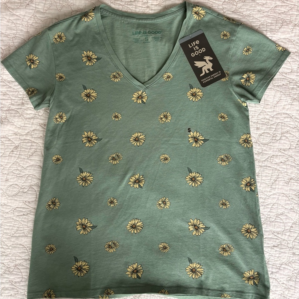 Sunflower V-Neck Crusher Tee by Life Is Good—Green - Picture 2 of 6
